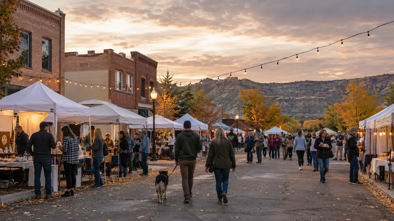 Vendor tents and evening crowds on downtown Fruita's main street during the Fruita Fall Festival