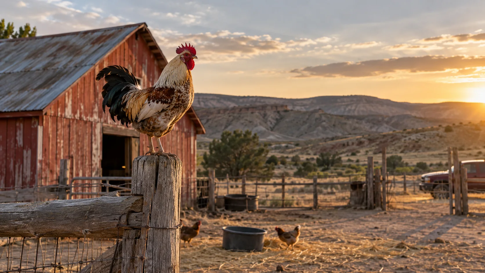 A rooster standing on a weathered fence post at a Fruita, Colorado farmyard at golden hour