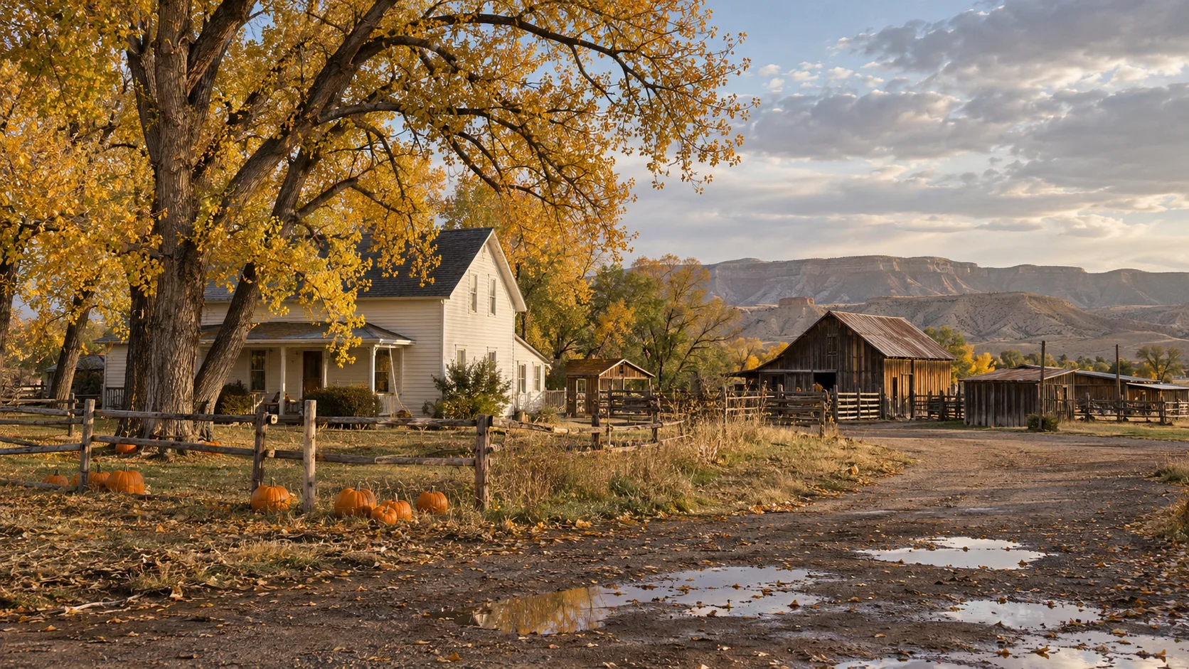 Historic white farmhouse and wooden outbuildings with pumpkins at Moon Farm in Fruita, Colorado