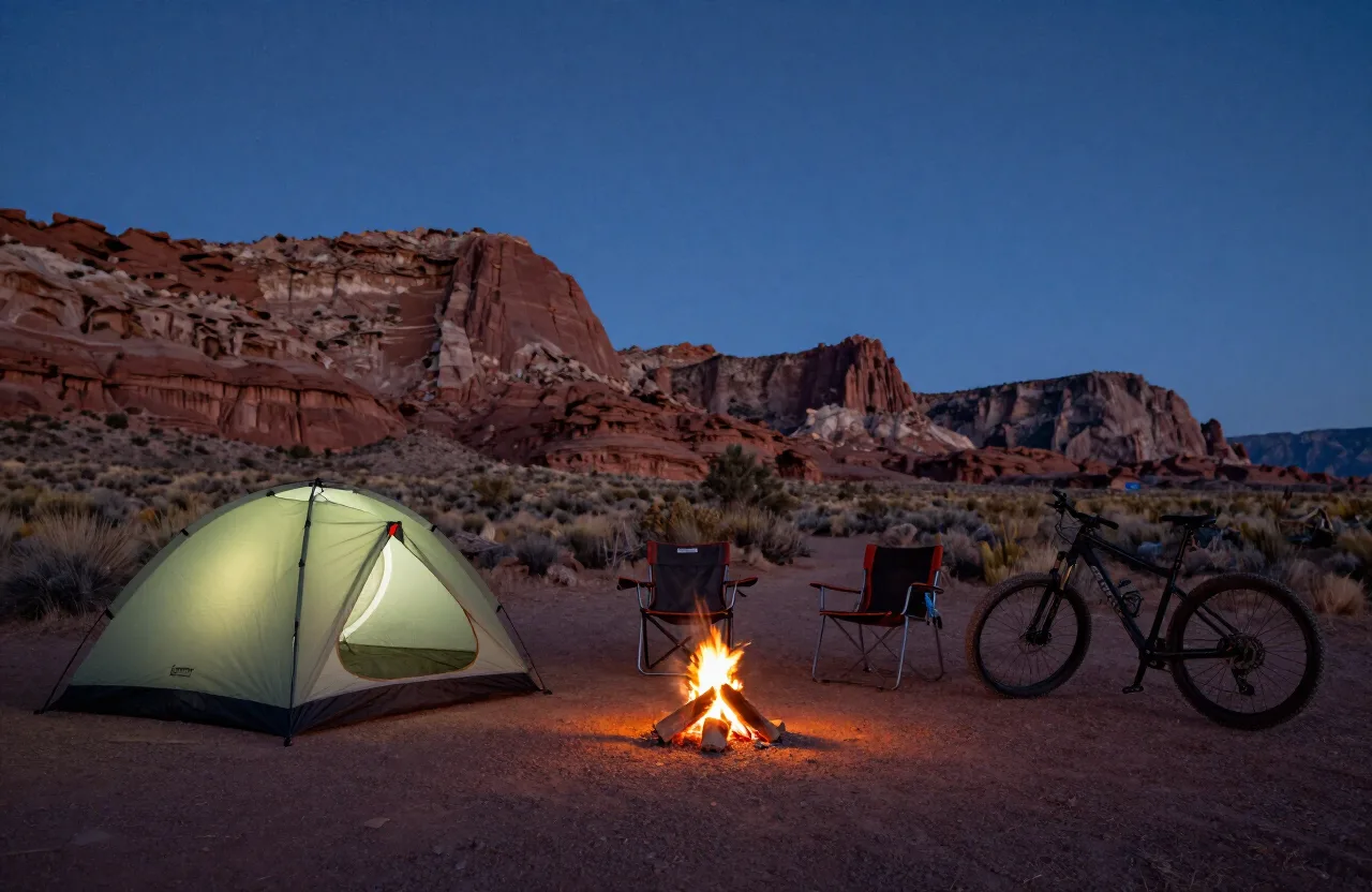 A tent and campfire at a trailside campground camping near Fruita, Colorado at dusk