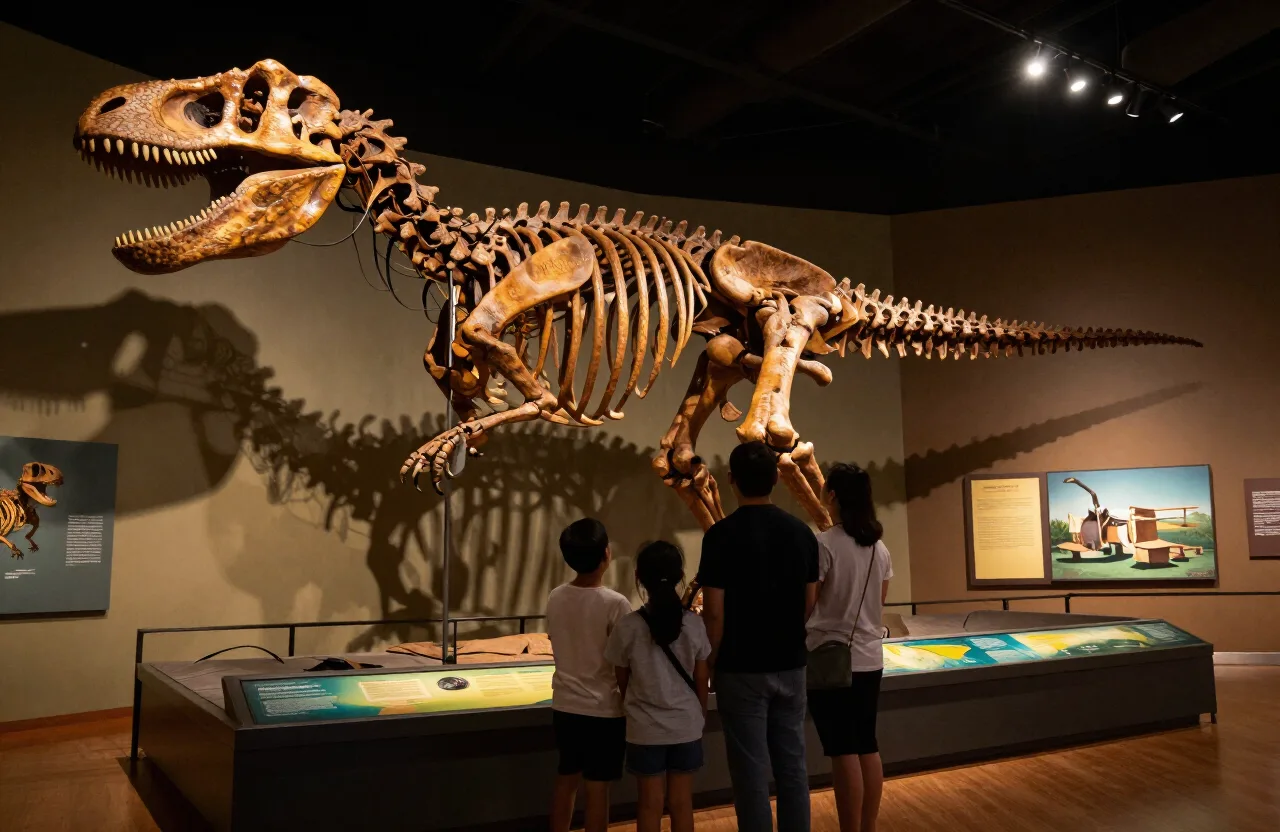 A family viewing a mounted dinosaur skeleton at the Fruita dinosaur museum
