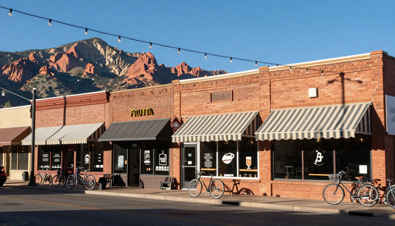 Downtown Fruita, Colorado main street with brick storefronts, parked bikes, and red-rock mesas of the Colorado National Monument in the distance