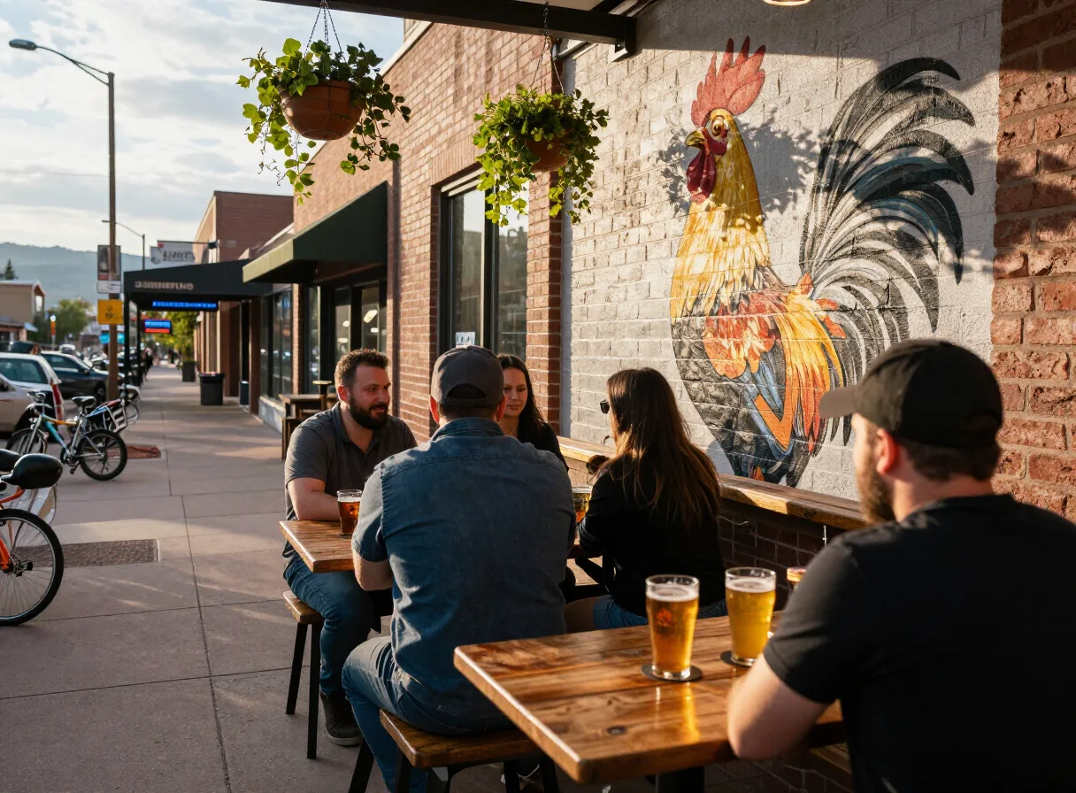 A brewery patio and rooster mural in downtown Fruita, Colorado on a warm afternoon