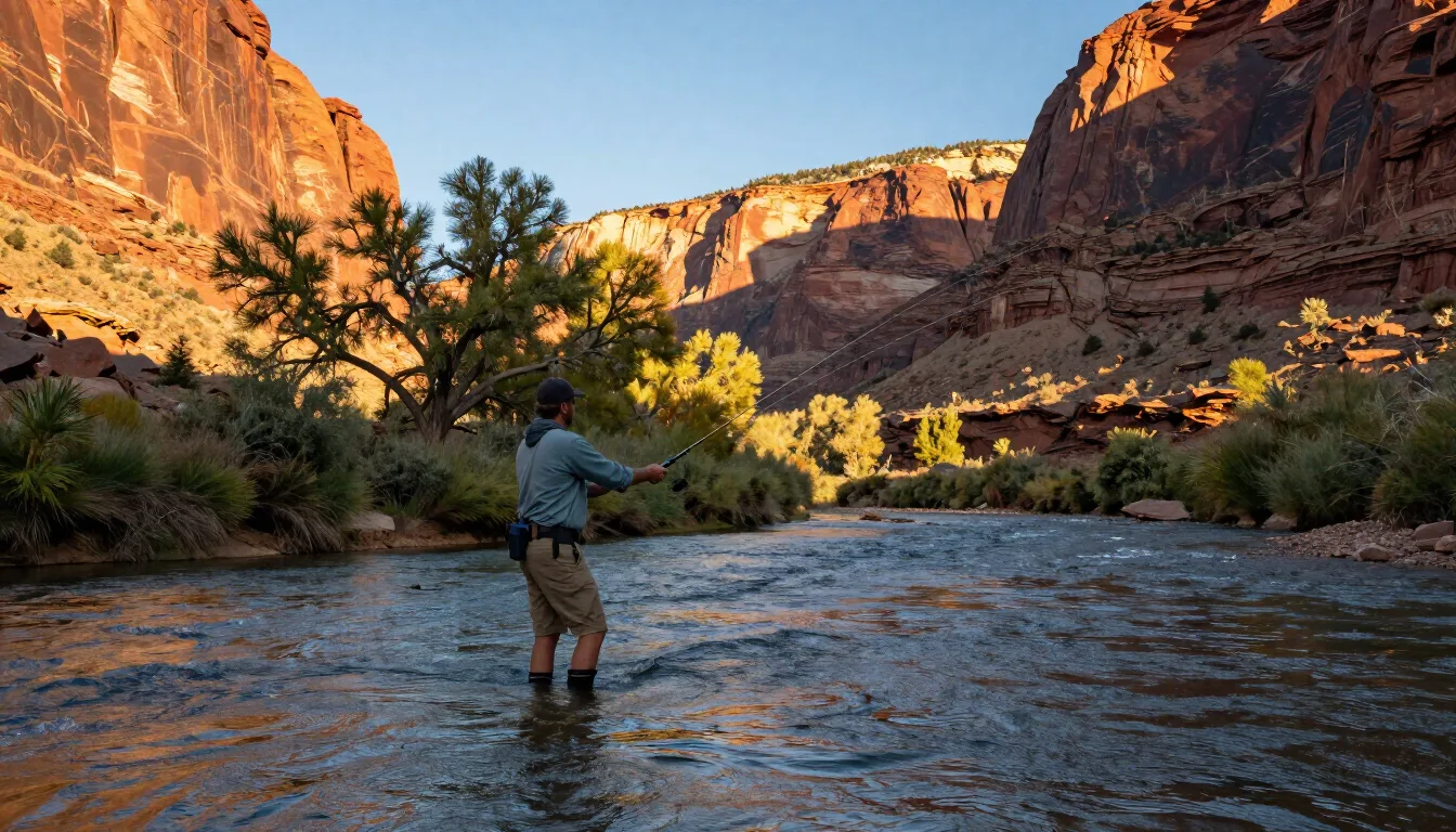 A fly fisherman casting into the Colorado River near Fruita, Colorado at golden hour with red-rock canyon walls in the background
