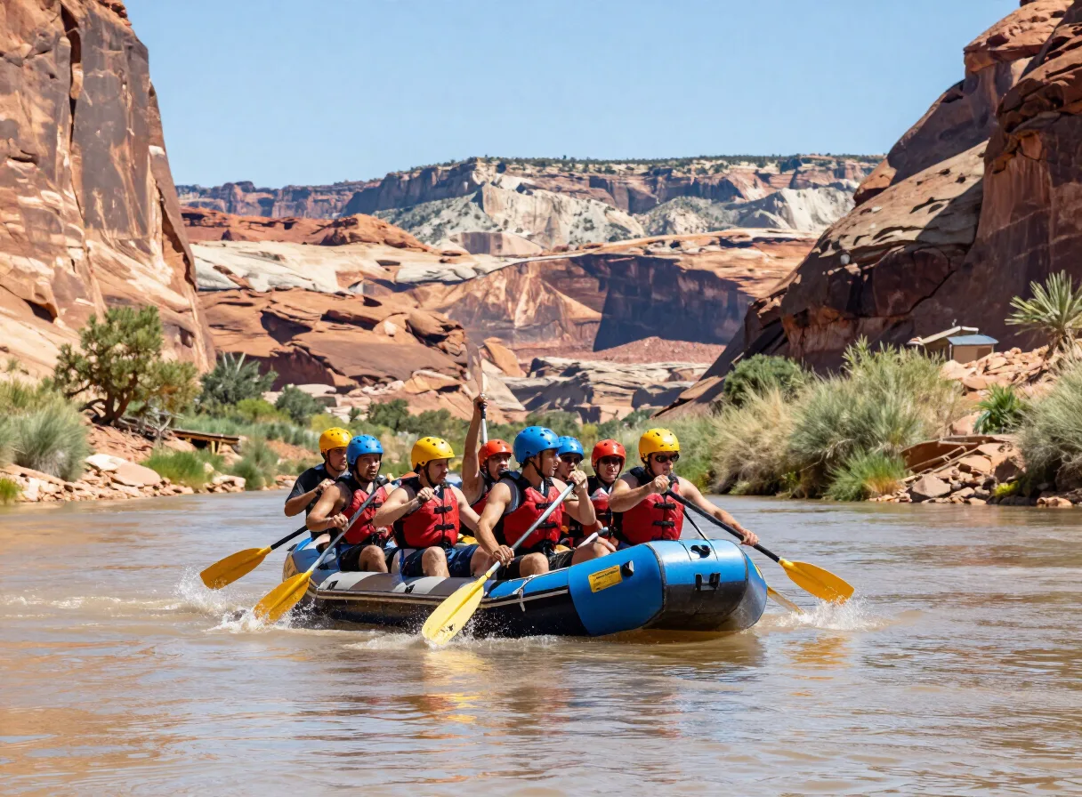 Rafters paddling the Colorado River near Fruita, Colorado past red sandstone cliffs on a sunny day