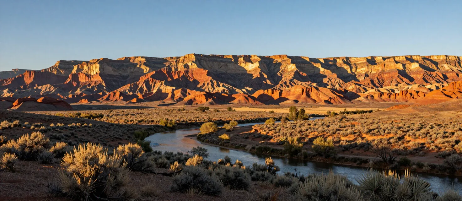 The Grand Valley high desert and red-rock mesas of Fruita, Colorado at golden hour