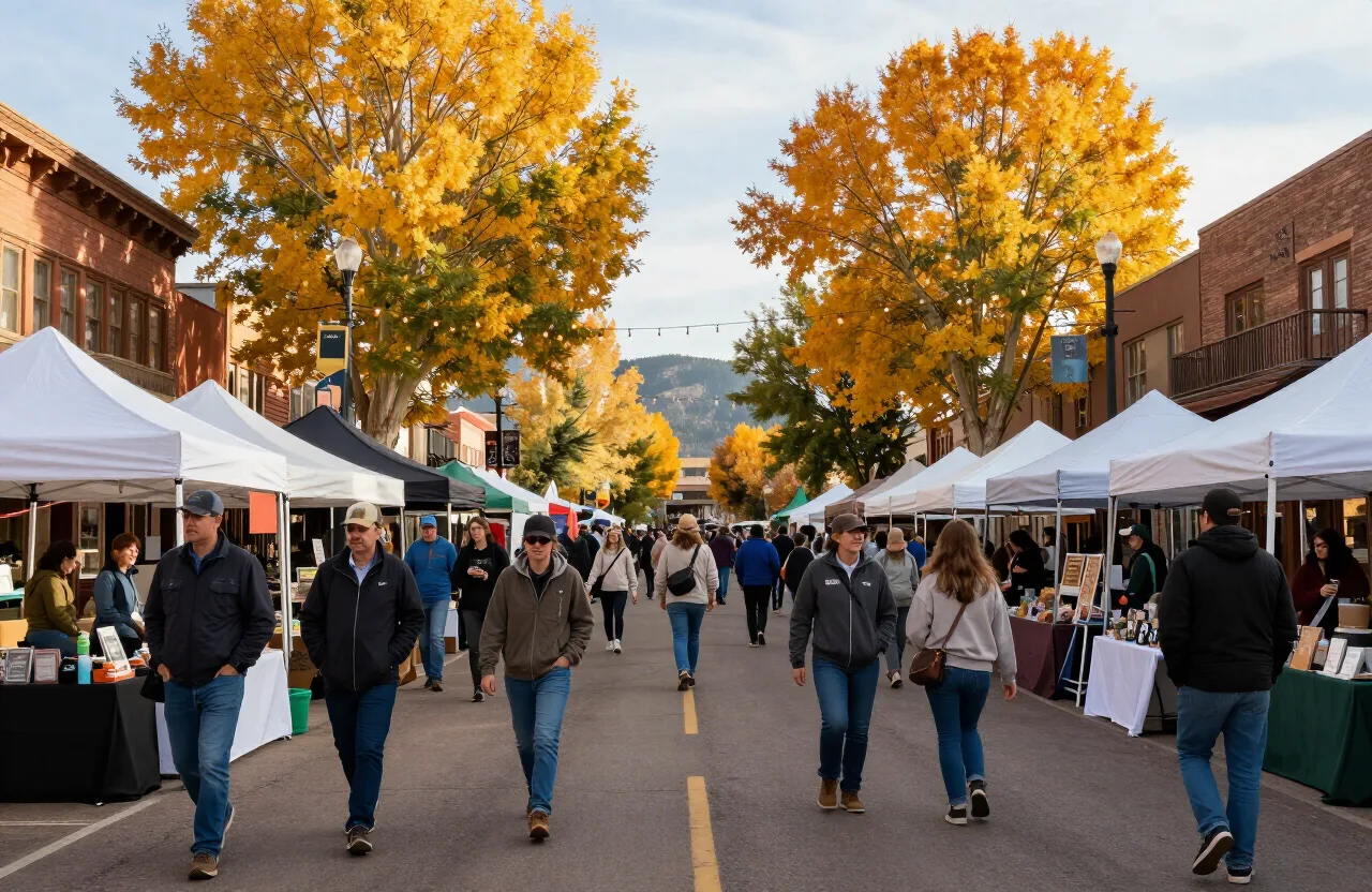 Fruita Fall Festival street scene with autumn cottonwoods and white vendor tents downtown