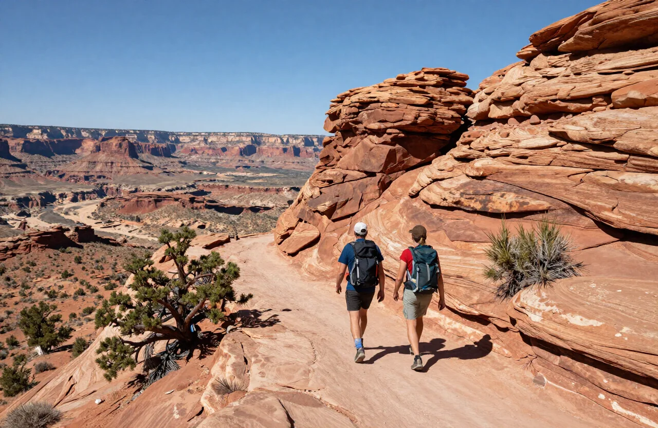 Hikers on a canyon-rim path, one of the Fruita hiking trails with Grand Valley views
