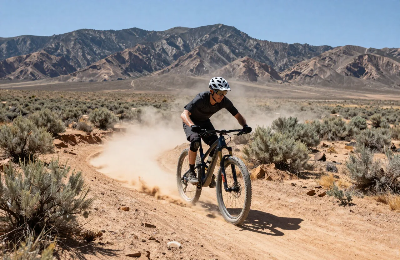 A rider carving flowy clay singletrack while Fruita mountain biking below the Book Cliffs