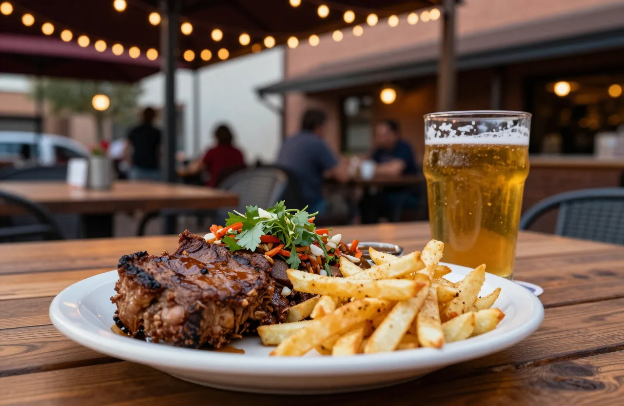 A hearty plate and craft beer on a patio at one of the Fruita restaurants downtown