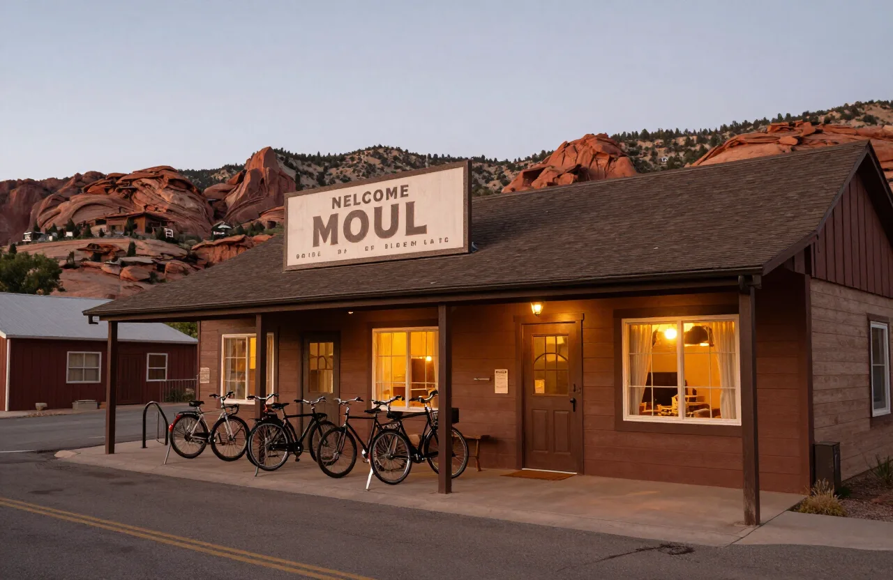 A bike-friendly hotel in Fruita, CO at dusk with bicycles parked out front