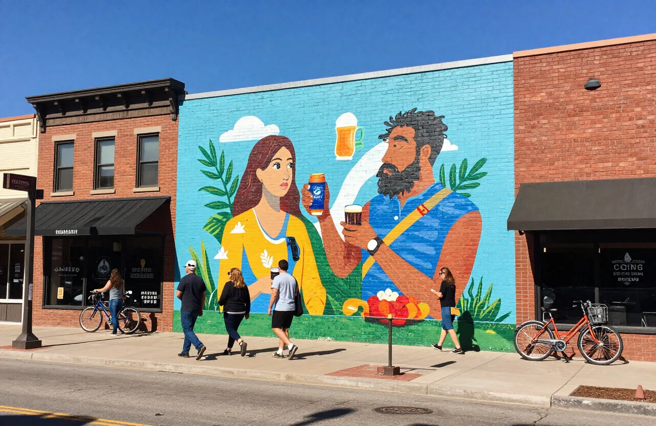 A downtown mural and shops showing things to do in Fruita, CO